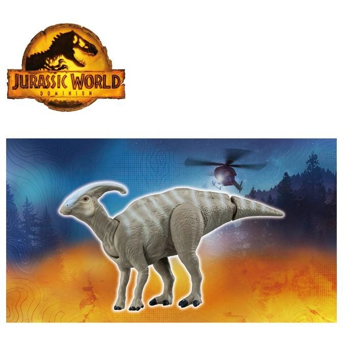  Parasaurolophus dinosaur toy with helicopter on its back, Jurassic World Dominion logo.