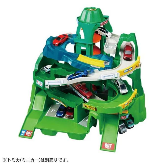 Toy car mountain playset with ramps, parking, and toy cars on the tracks.