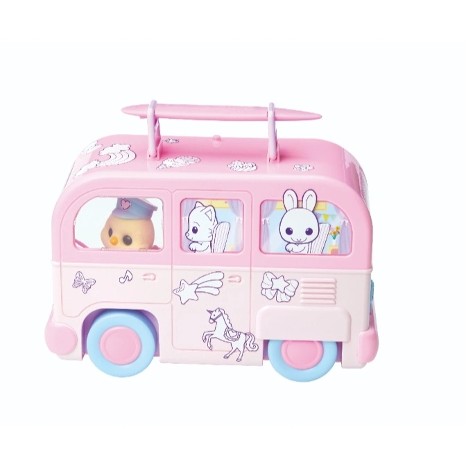  Pink toy camper van with animal figures looking out the windows and unicorn decal.