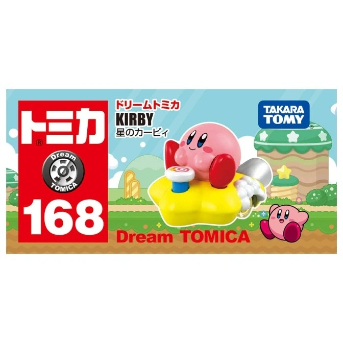  Kirby Dream Tomica toy car. Pink Kirby figure on a yellow star-shaped vehicle.