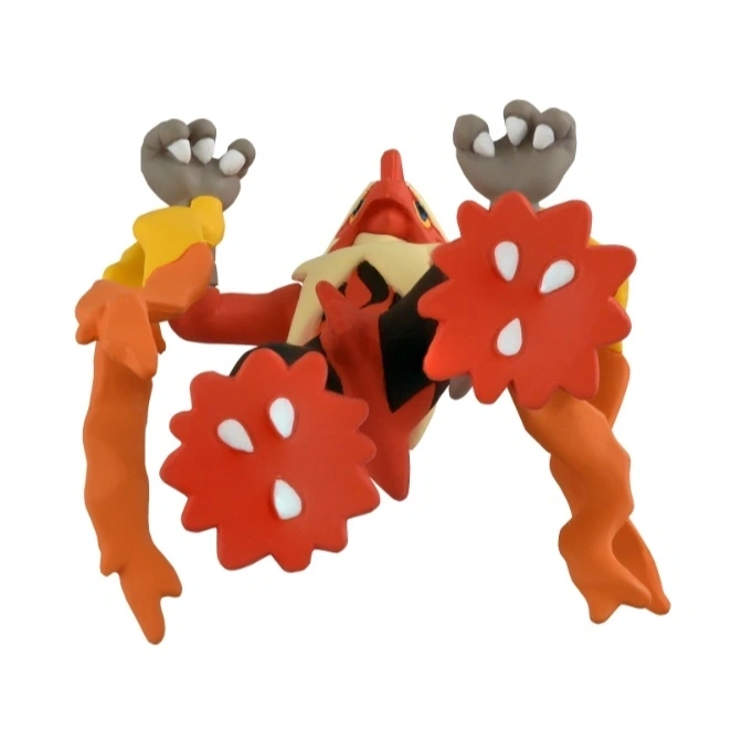  A Tapu Koko toy figure with orange arms and red flower-shaped hands.