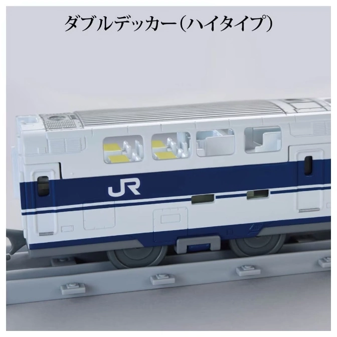  Toy double-decker train car with JR logo on a track.