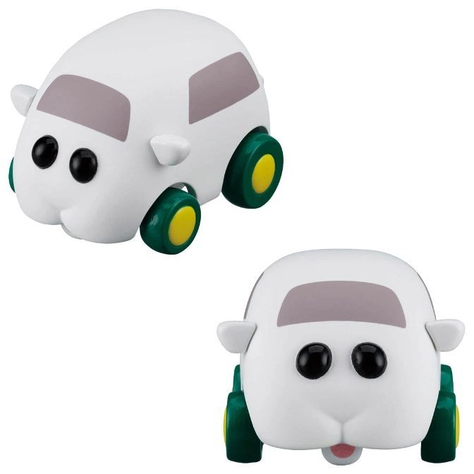  Two white guinea pig car toys with green and yellow wheels.