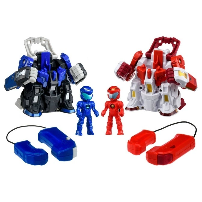  Two transforming robot toys with figures and controllers, one blue and one red.