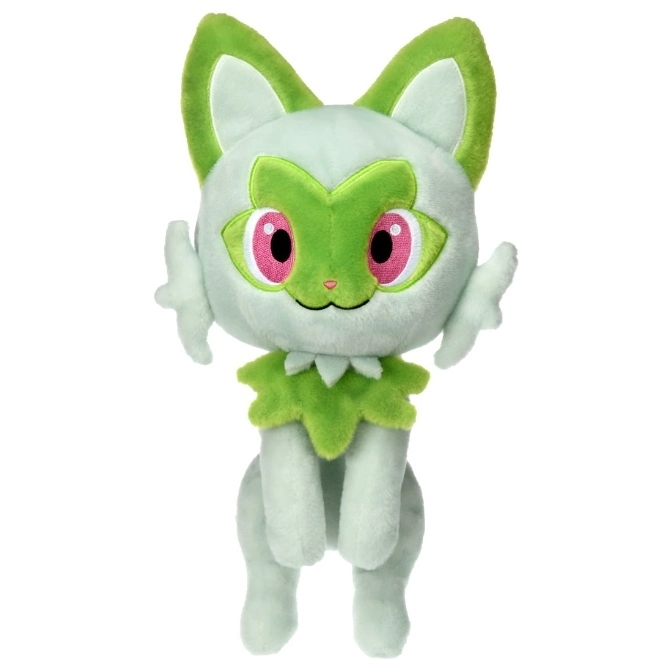  Sprigatito plush toy with green and white fur, pink eyes, and a leafy collar.