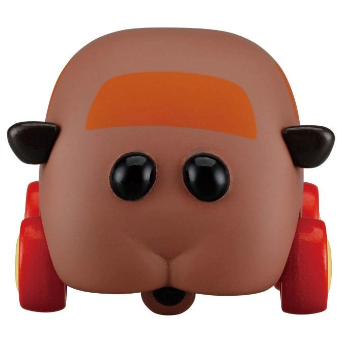  Brown toy car with orange stripe, black eyes, and red wheels.