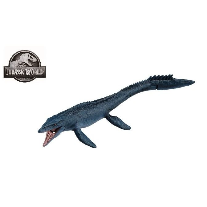 Blue Jurassic World Mosasaurus toy with open mouth.