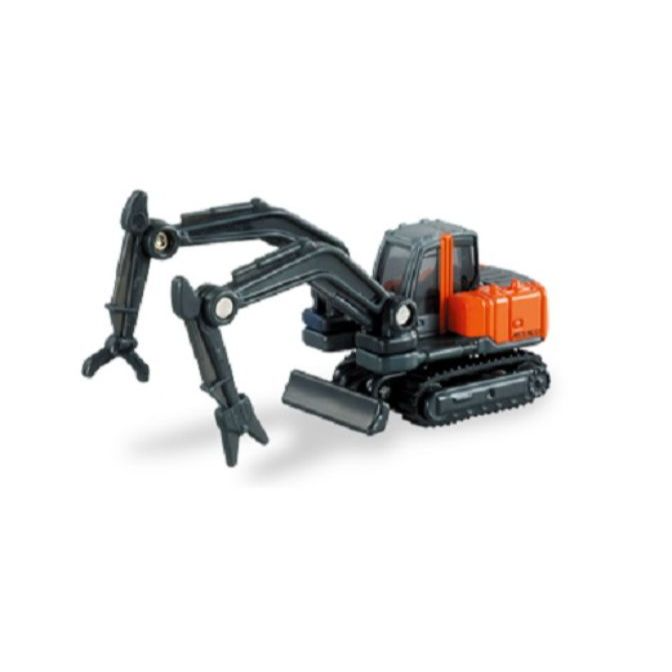 Toy excavator with grapple attachment, black and orange, on a white background.