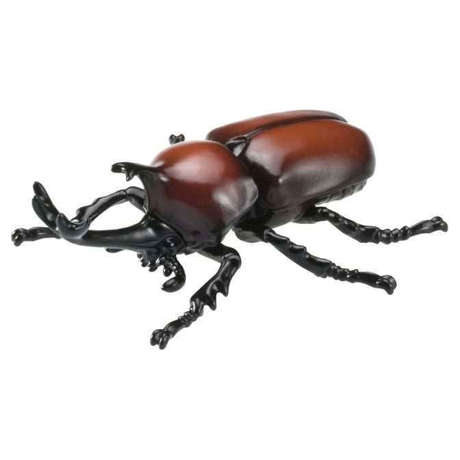Toy rhinoceros beetle with brown body and black legs and horn.
