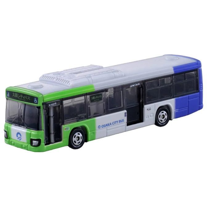 Osaka City Bus toy model, green and blue with white roof.