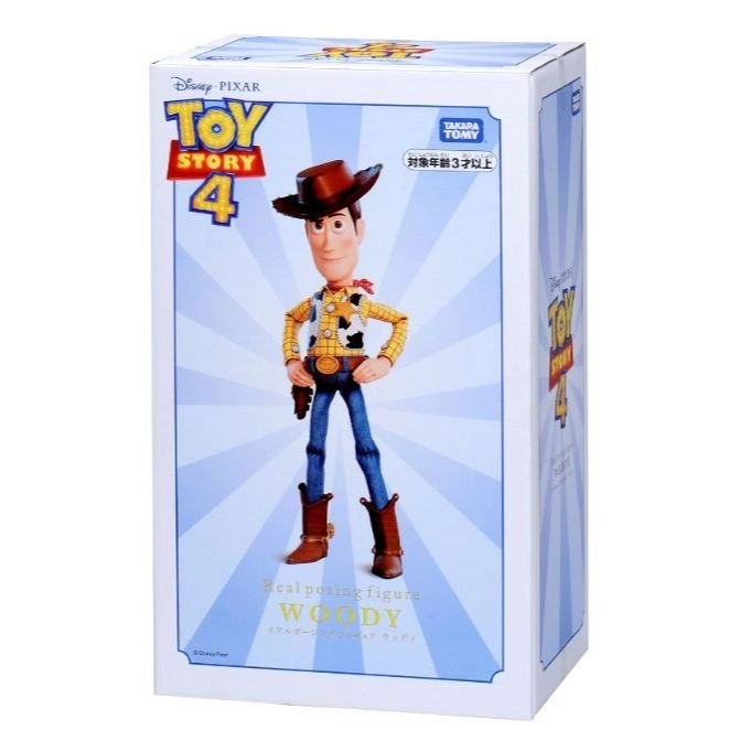  Toy Story 4 Woody action figure in box. Cowboy hat, sheriff badge, and boots are visible.