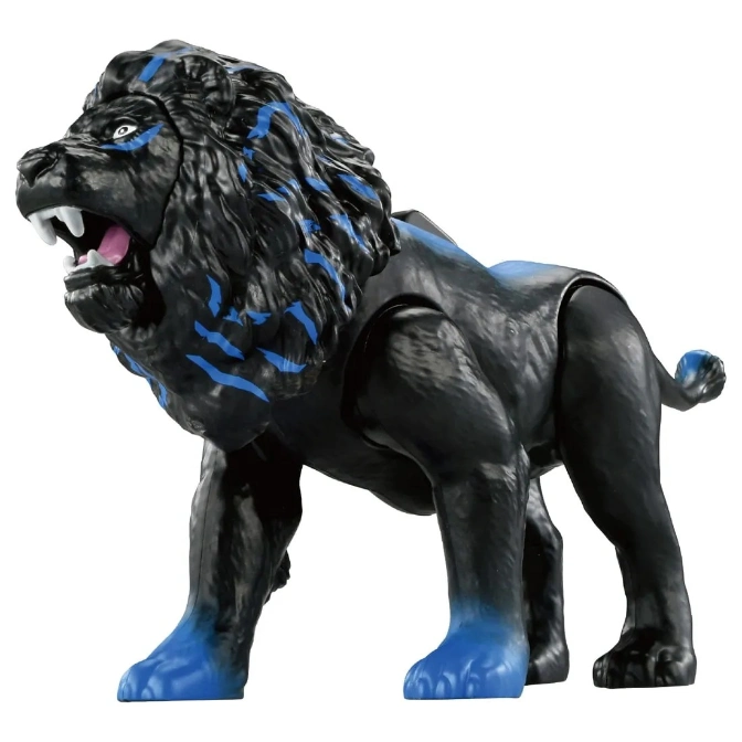 Black toy lion with blue accents, roaring with visible teeth.