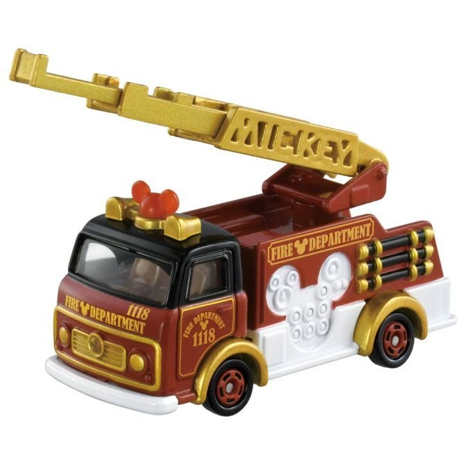  Mickey Mouse fire truck toy with extendable ladder and Disney fire department details.