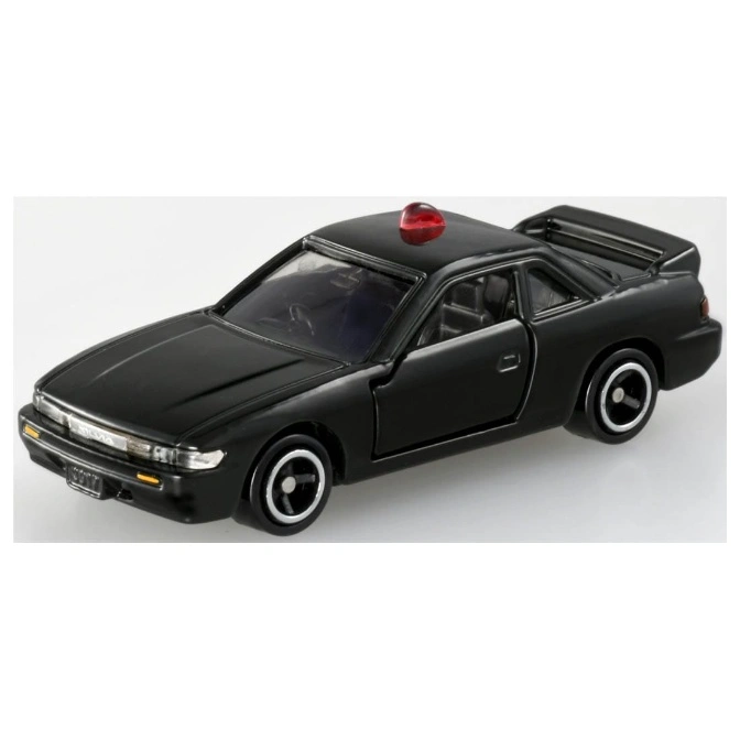  Black toy Nissan Silvia police car with red light on roof, door open.