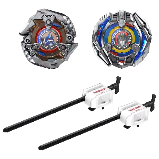 Transformers Beyblade X toys: Optimus Prime and Megatron tops with launchers.