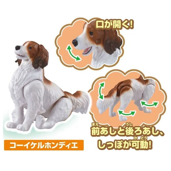  Toy Kooikerhondje with articulated mouth, legs, and tail, showcasing its movable parts.