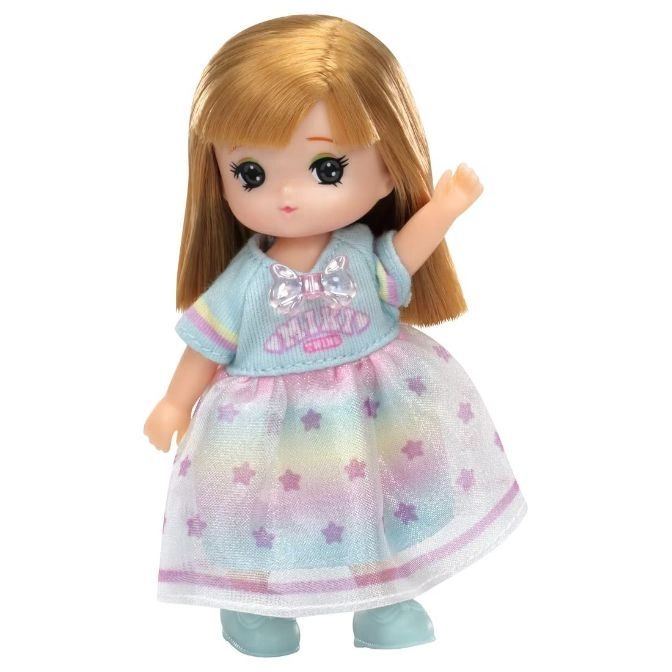  Blonde doll in a light blue dress with stars and a bow, waving.