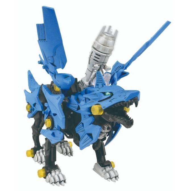  Blue Zoids wolf toy with silver cannon and yellow accents.
