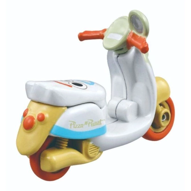  Toy Story Pizza Planet scooter toy with orange wheels and handlebars.