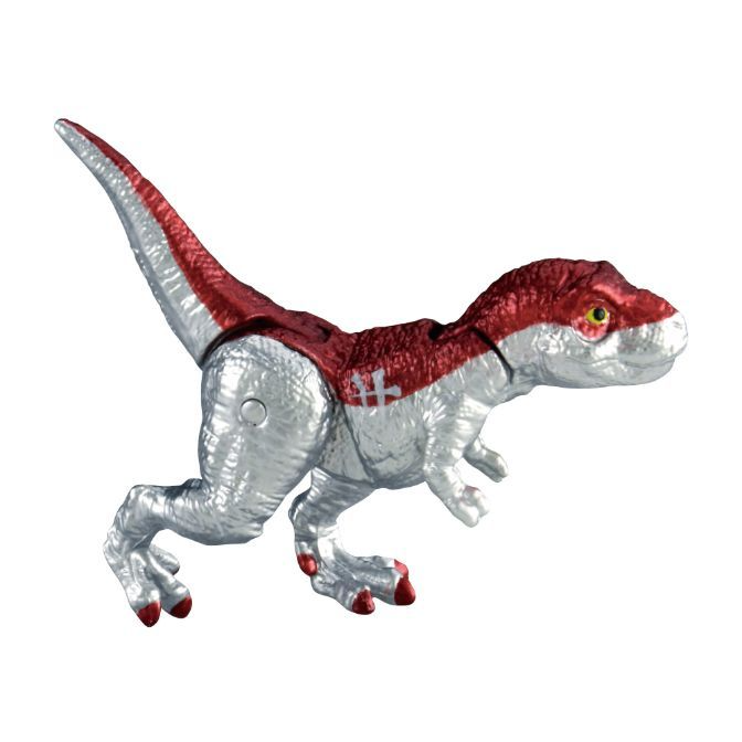  Red and silver dinosaur toy with a long tail and small arms.