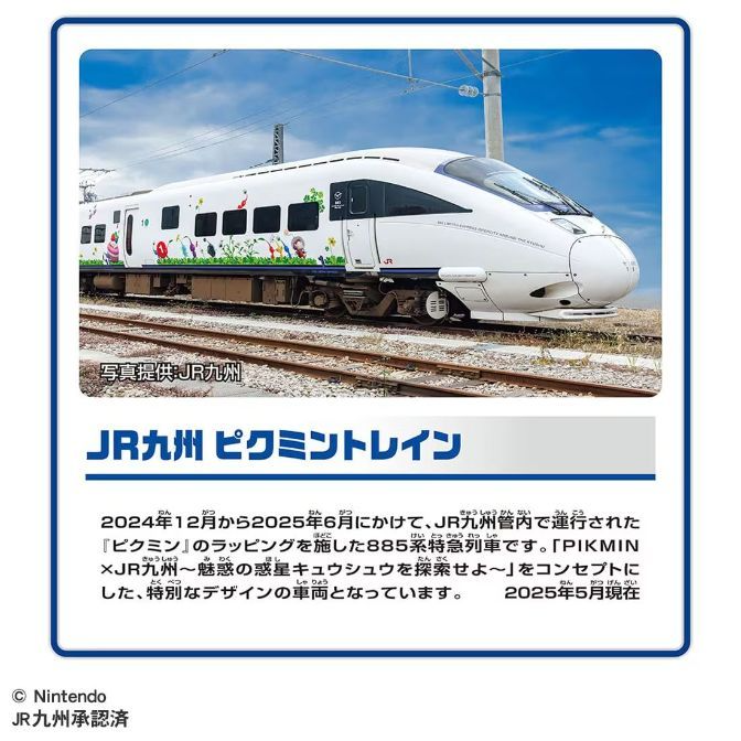  A promotional image for the JR Kyushu Pikmin Train, featuring a white bullet train decorated with Pikmin characters. The image includes Japanese text describing the train and its Pikmin theme, along with the Nintendo and JR Kyushu logos.