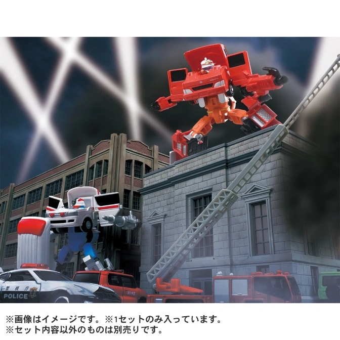  Transformer toys: ambulance robot and fire truck robot on a city playset with vehicles.