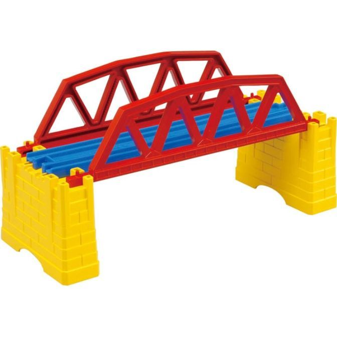 A toy bridge with yellow supports and a red bridge structure with blue tracks.