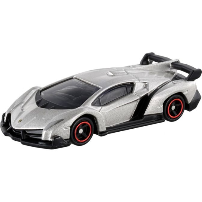 Silver toy Lamborghini Veneno with red-rimmed wheels and a large rear spoiler.