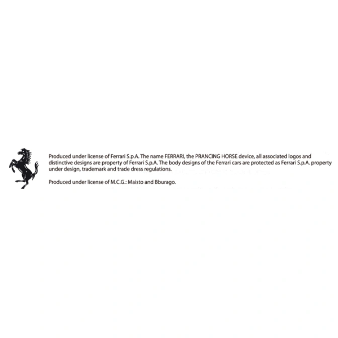  Ferrari logo and licensing text: Ferrari S.p.A., Maisto, and Bburago.