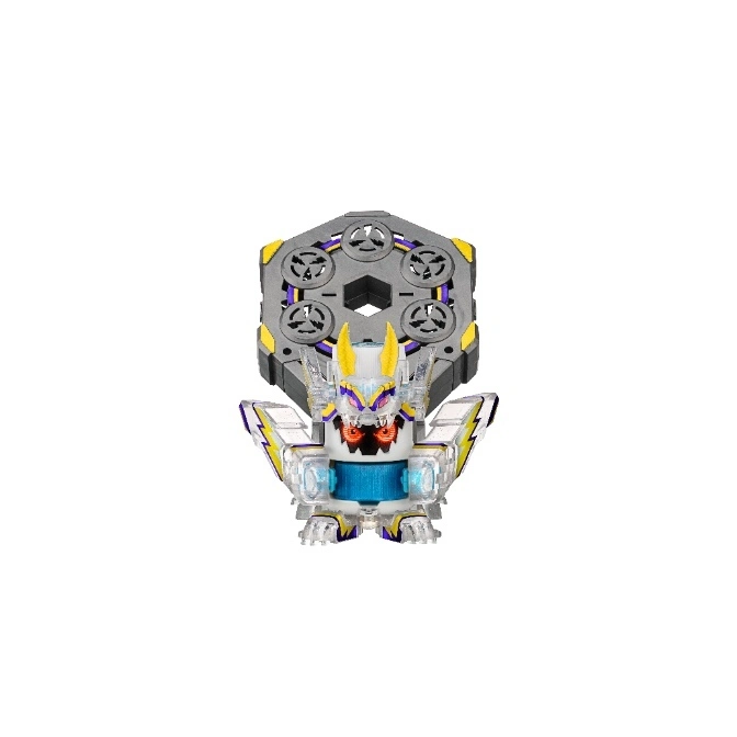  Grey and clear dragon toy with yellow accents and a hexagonal launcher on its back.