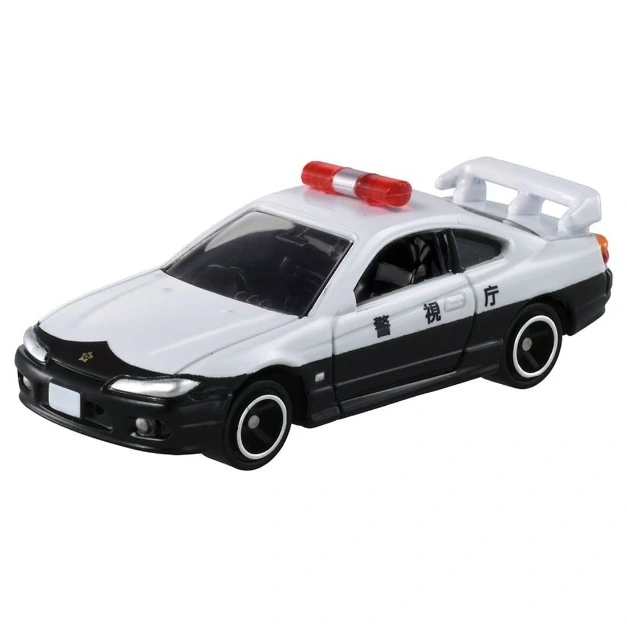  Toy police car with red light bar and spoiler, white over black paint scheme.