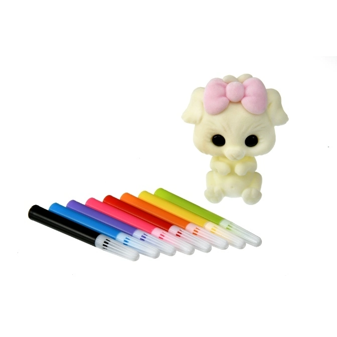 Toy puppy with pink bow next to rainbow markers.