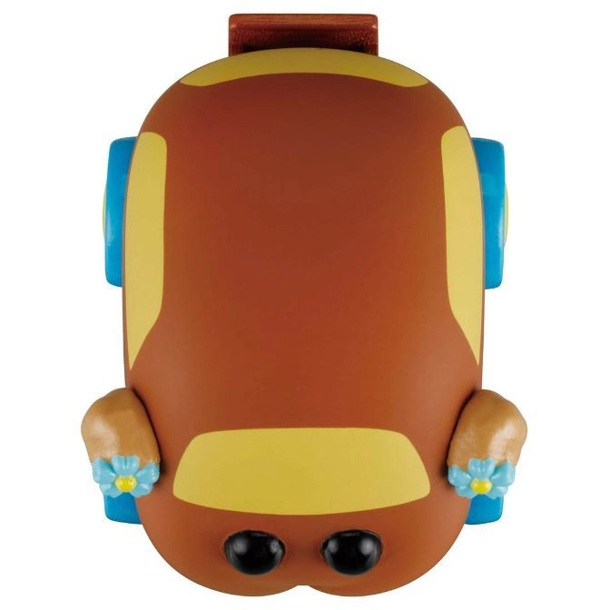  Brown toy car with yellow accents, blue wheels, and flower details.