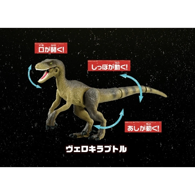  Velociraptor toy with moving mouth, tail, and legs, showcased against a dark background.