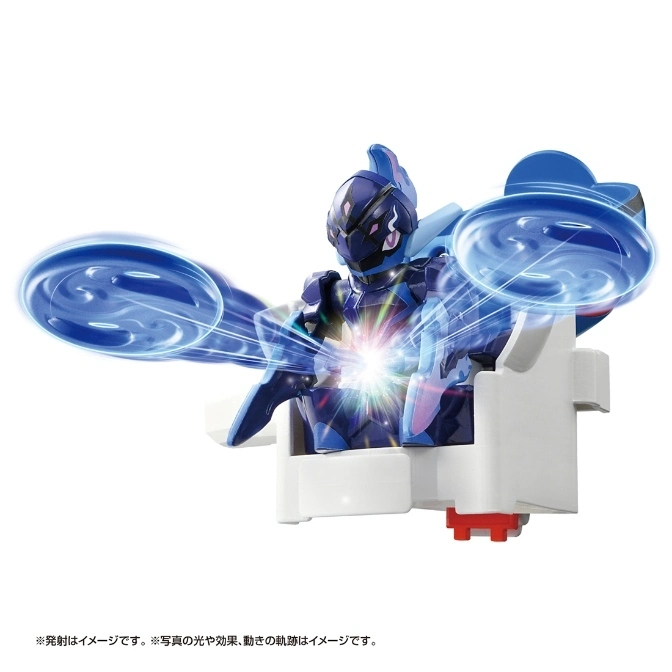 Blue robot toy launching spinning discs from a white and red base.