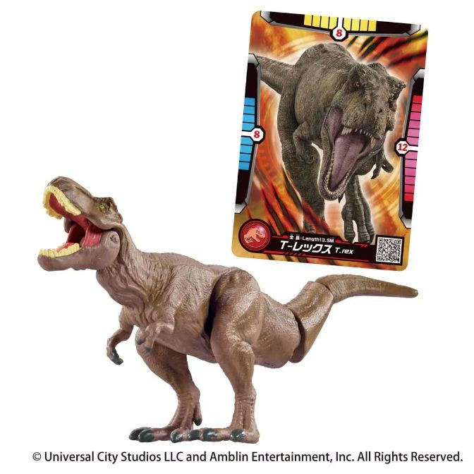 T-Rex toy with open mouth next to a T-Rex card showing stats and a dinosaur image.