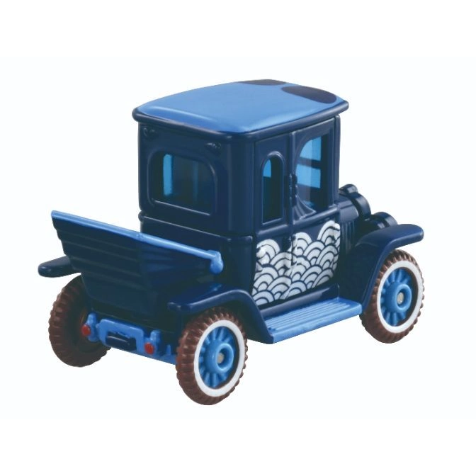  Blue toy car with wave design on the side and brown tires.