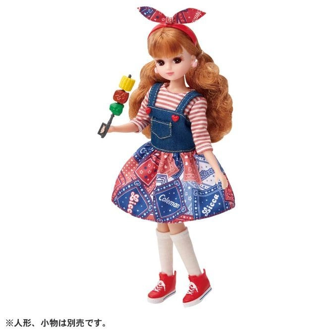 Licca doll in denim dress, red sneakers, and headband, holding a skewer.