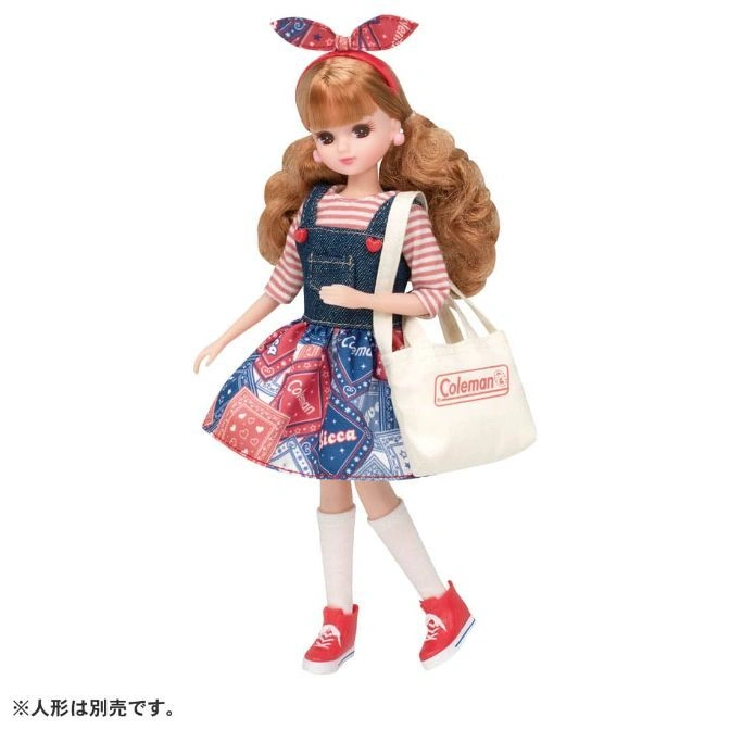  Licca doll in denim overalls, striped top, red sneakers, and a Coleman tote bag.
