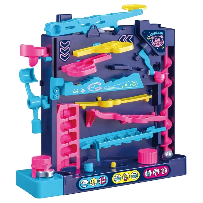 Colorful marble run toy with ramps, spirals, and levers for interactive play.