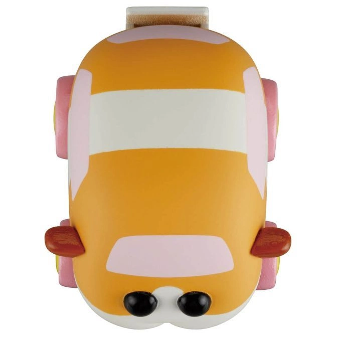  Orange toy car with white stripe, pink accents, and black eyes.