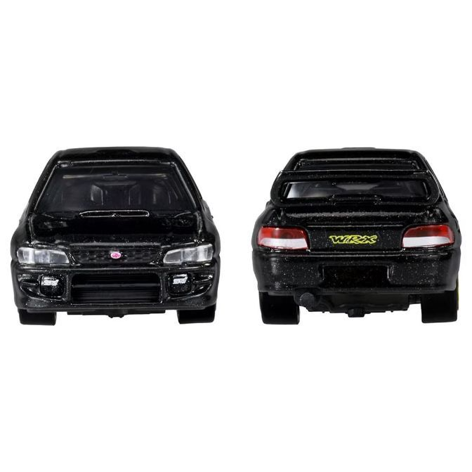  Black toy Subaru WRX STI facing front and back, showcasing its design.