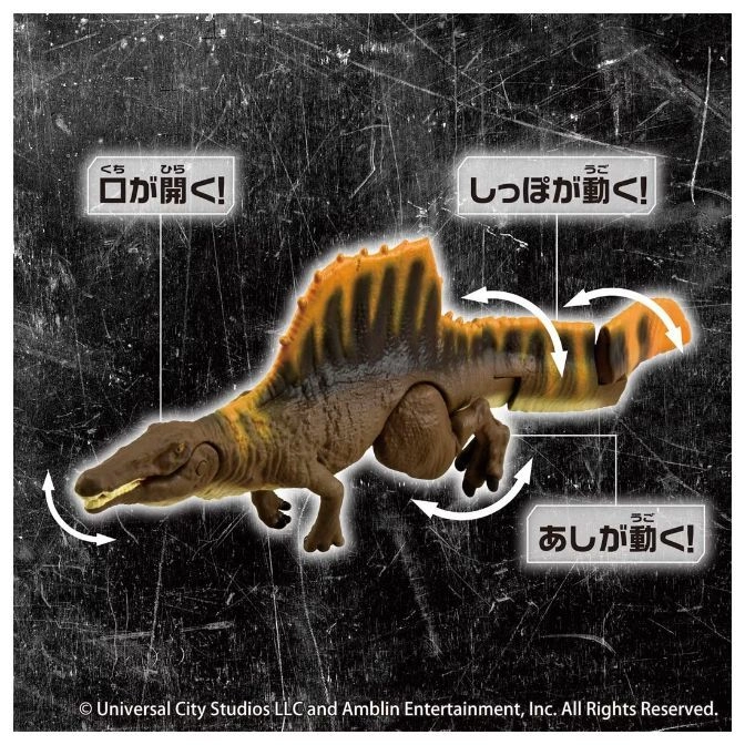  Spinosaurus toy with articulated mouth, tail, and legs, showcasing its movable parts.