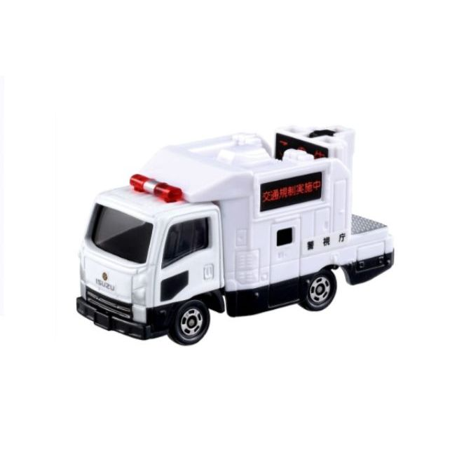 White and black Isuzu toy police truck with red lights on top.