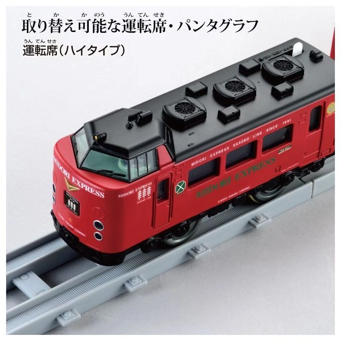  Red Midori Express toy train on gray tracks, featuring detailed roof fans and printed logos.