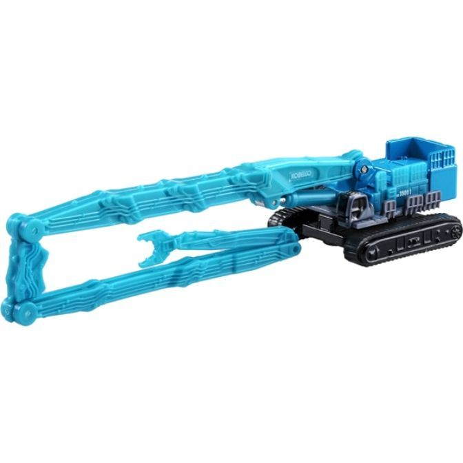 Blue Kobelco 3500 crawler crane toy with extended boom and clamshell bucket.