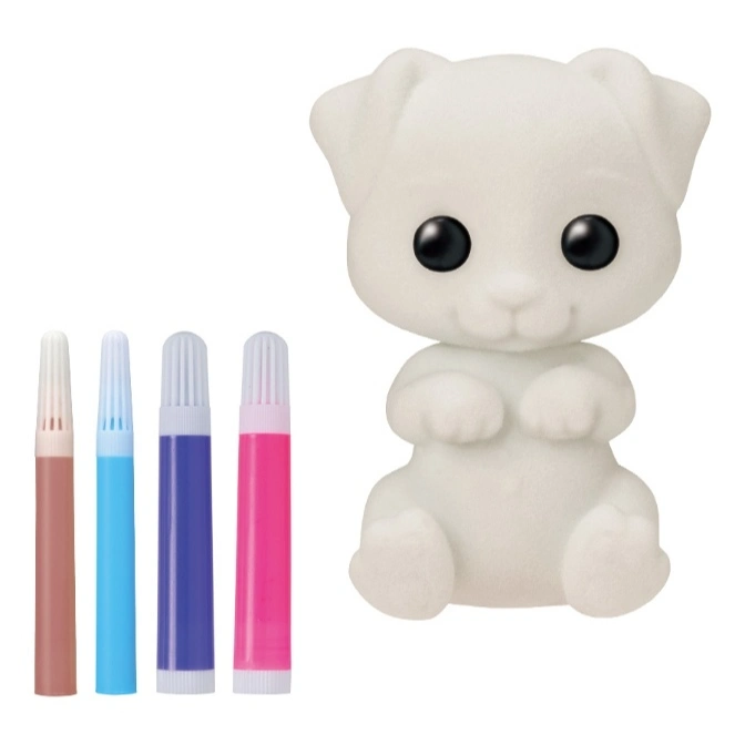  White flocked toy dog with markers. DIY craft toy.