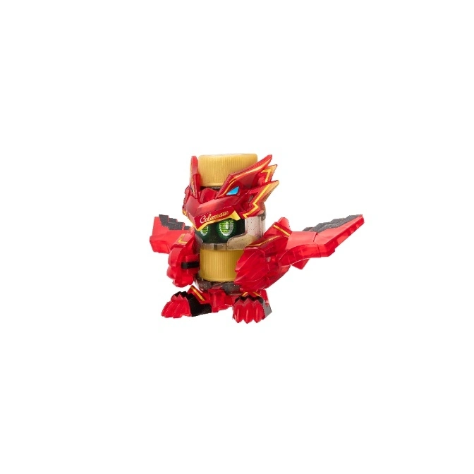  Red Colamaru B-Daman toy with yellow accents and green eyes.