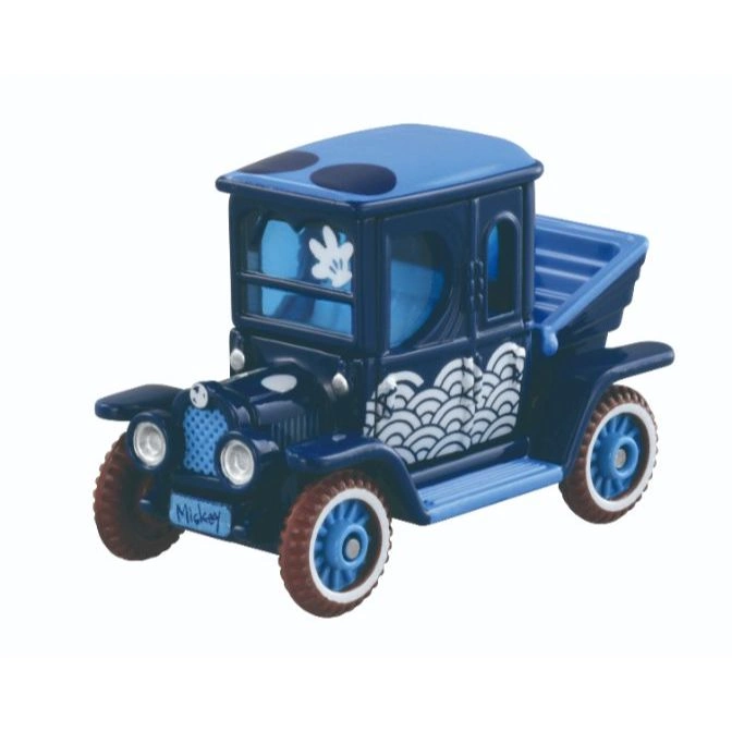 Blue Mickey Mouse vintage toy car with brown tires.