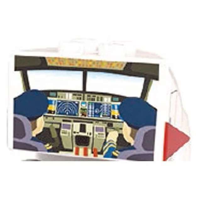  Toy airplane cockpit with two pilots, showing the control panel and windshield.
